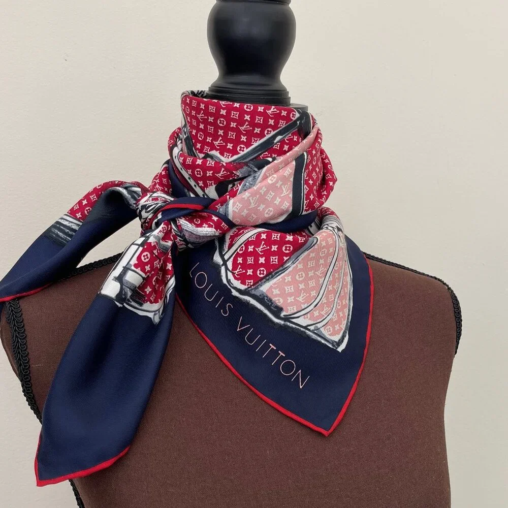 Louis Vuitton Scarf Trunks Luggage Monogram Blue Red Silk Wrap